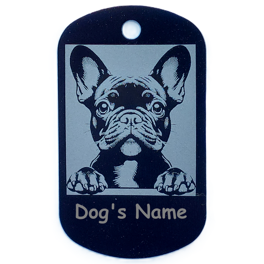 Black dog tag with a French Bulldog illustration and space for 'Dog's Name' text on a white background.