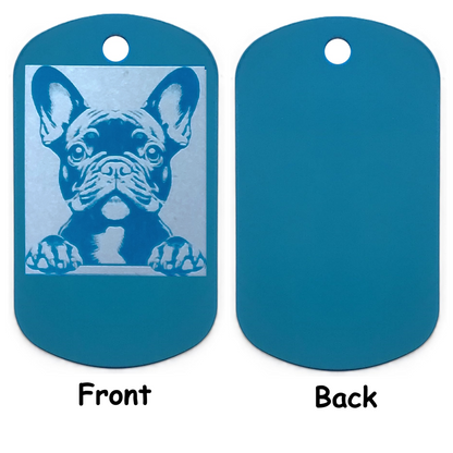 Blue dog tag with a French Bulldog illustration on the front and plain back