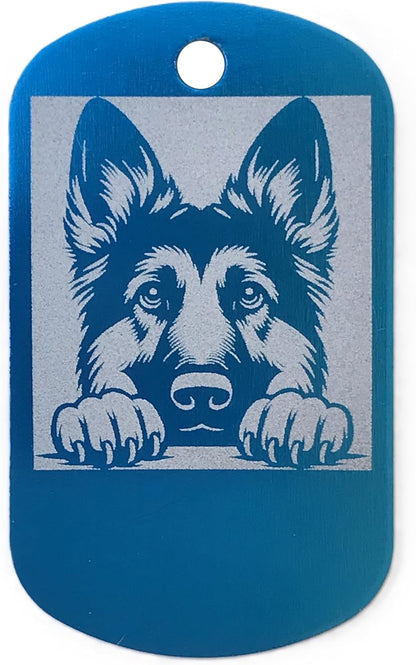 Blue dog tag with a German Shepherd design on a white background
