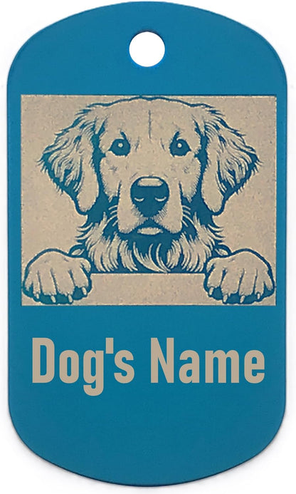 Military style dog name tag with a golden retriever illustration and space for 'Dog's Name' on a blue background