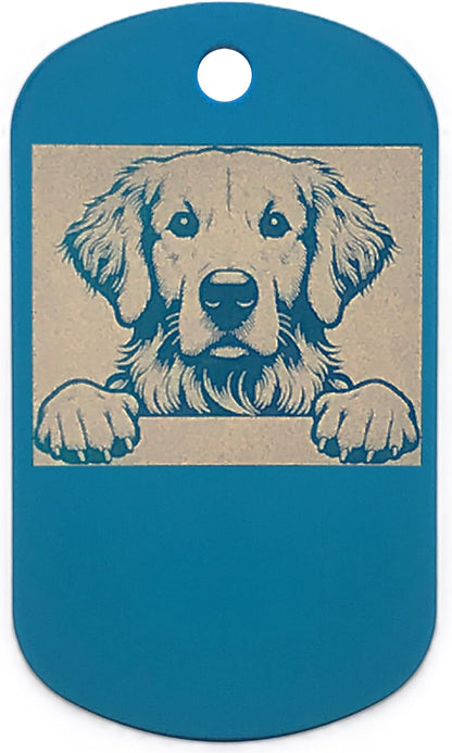 Blue military style dog tag with a printed image of a dog on a white background