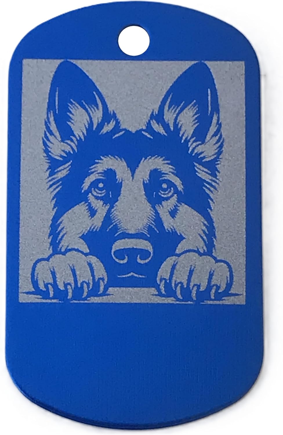 Dog name tag with a Dark blue and gray depiction of a German Shepherd on a blue background