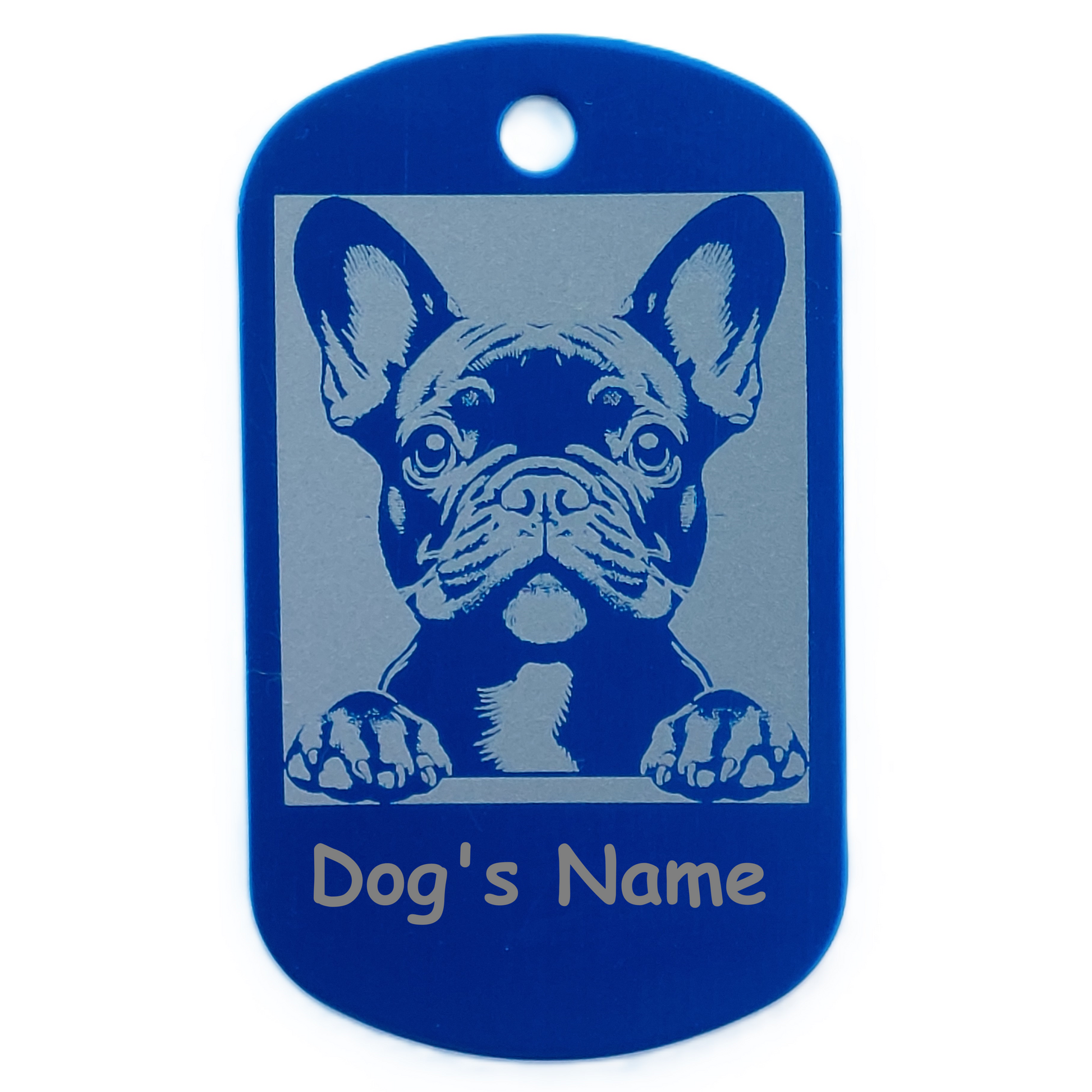 Blue dog name tag with a French Bulldog illustration and space for 'Dog's Name' on a white background