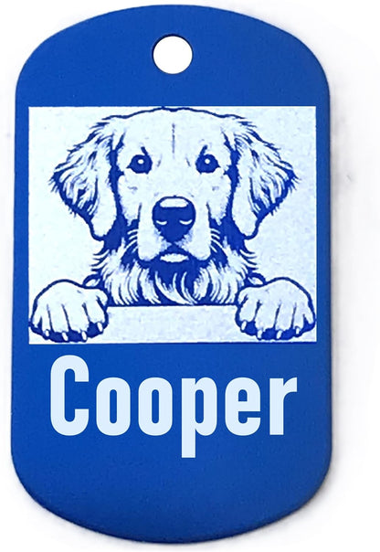 Dark blue military style dog name tag with a blue dog illustration and 'Cooper' text on a white background
