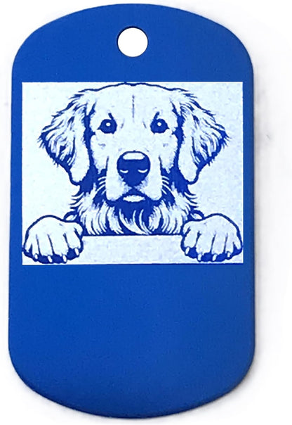 Dark blue military style dog tag with a blue dog illustration on a white background