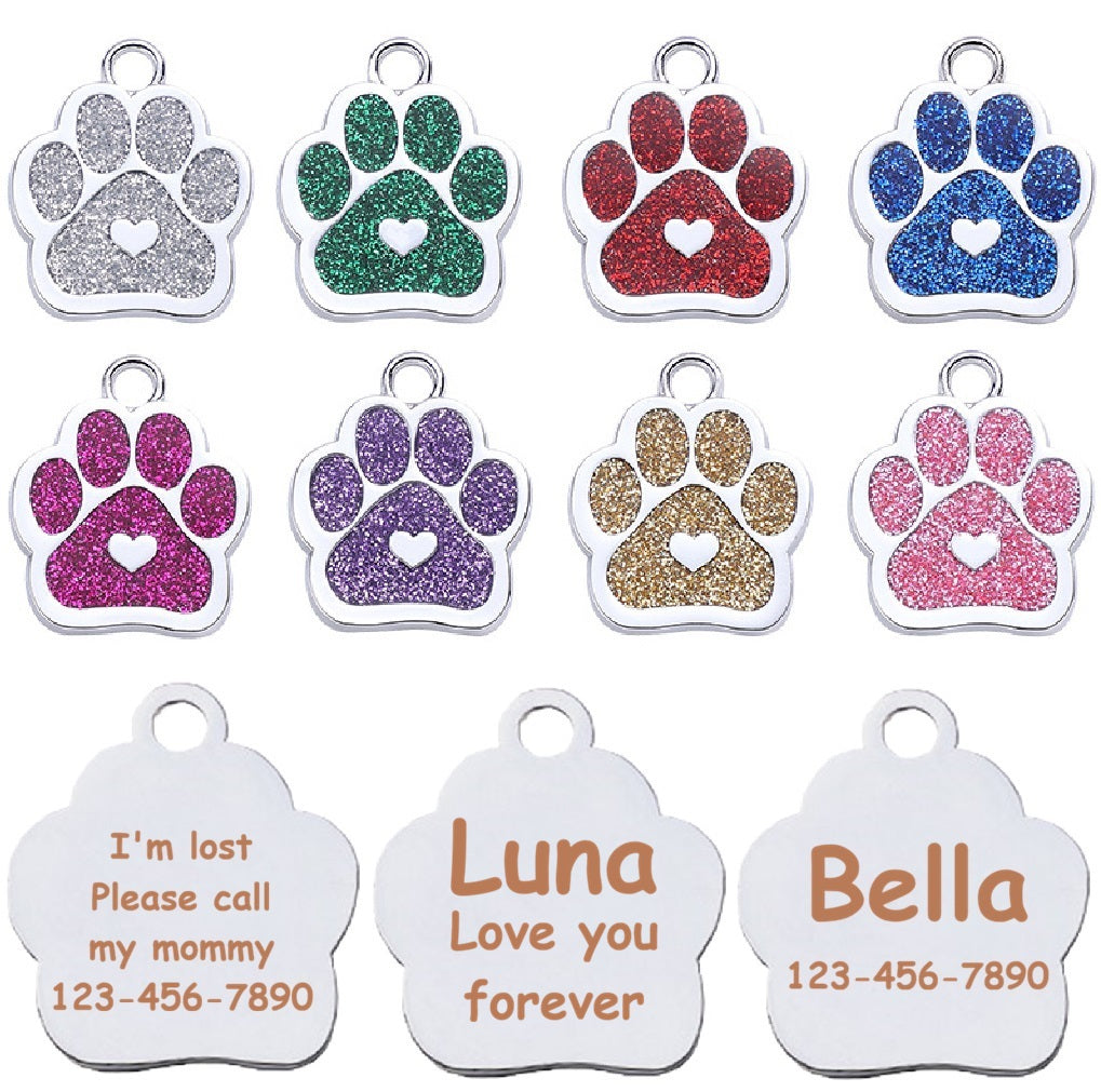 Personalized Dog/Cat Cute Paw Shape with Heart Pet ID Tag for Pet Collar or Key Chain - Puppy and Kitten Name tag