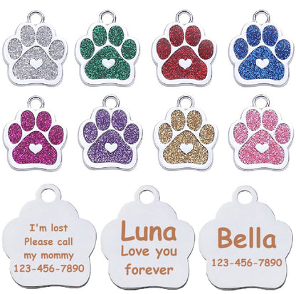 Personalized Dog/Cat Cute Paw Shape with Heart Pet ID Tag for Pet Collar or Key Chain - Puppy and Kitten Name tag