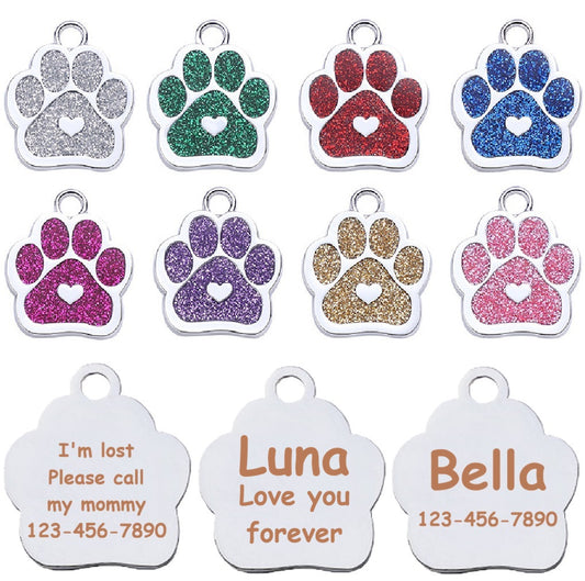 Personalized Dog/Cat Cute Paw Shape with Heart Pet ID Tag for Pet Collar or Key Chain - Puppy and Kitten Name tag