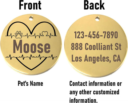 Gold pet id tag with 'Moose' on one side and contact information on the other, labeled 'Front' and 'Back'.