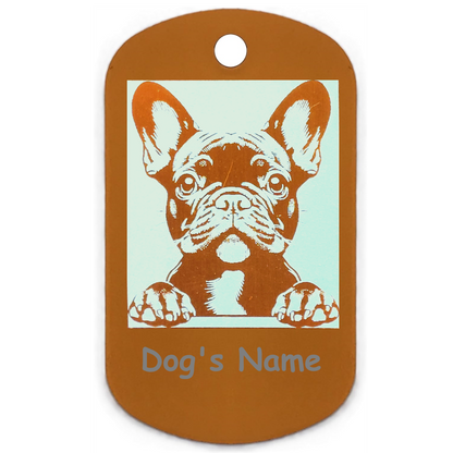 Dog name tag with a French Bulldog illustration and space for 'Dog's Name' on a white background