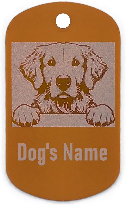 Military style dog name tag with a printed dog illustration and space for 'Dog's Name' on a gold background.