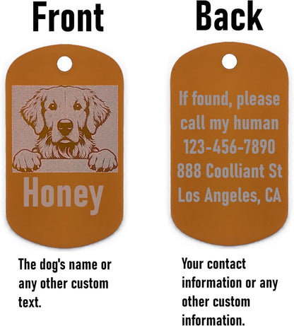 Military style dog id tag with front and back views showing a dog's name, contact information, and a dog illustration.