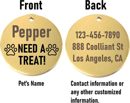Gold dog id tag with pet's name and contact information on a white background