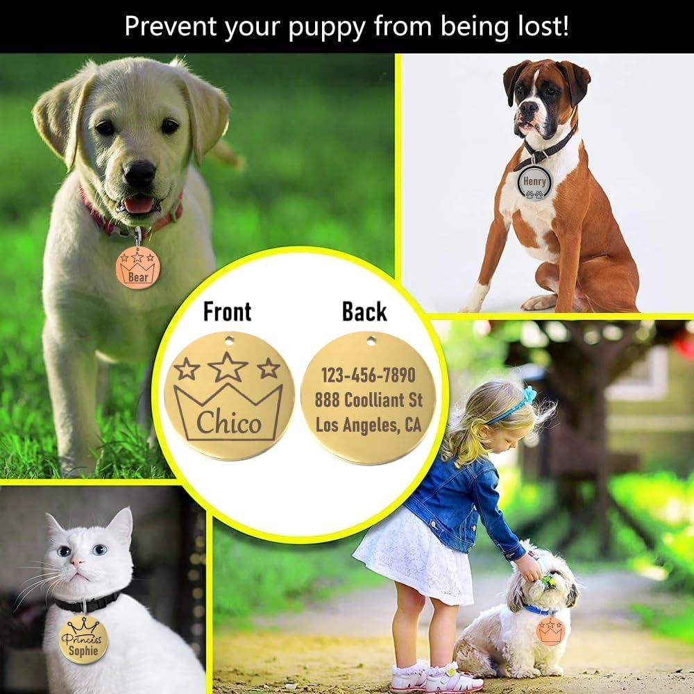 Pet id tags with names and contact information, featuring dogs and a cat, with text 'Prevent your puppy from being lost!'.
