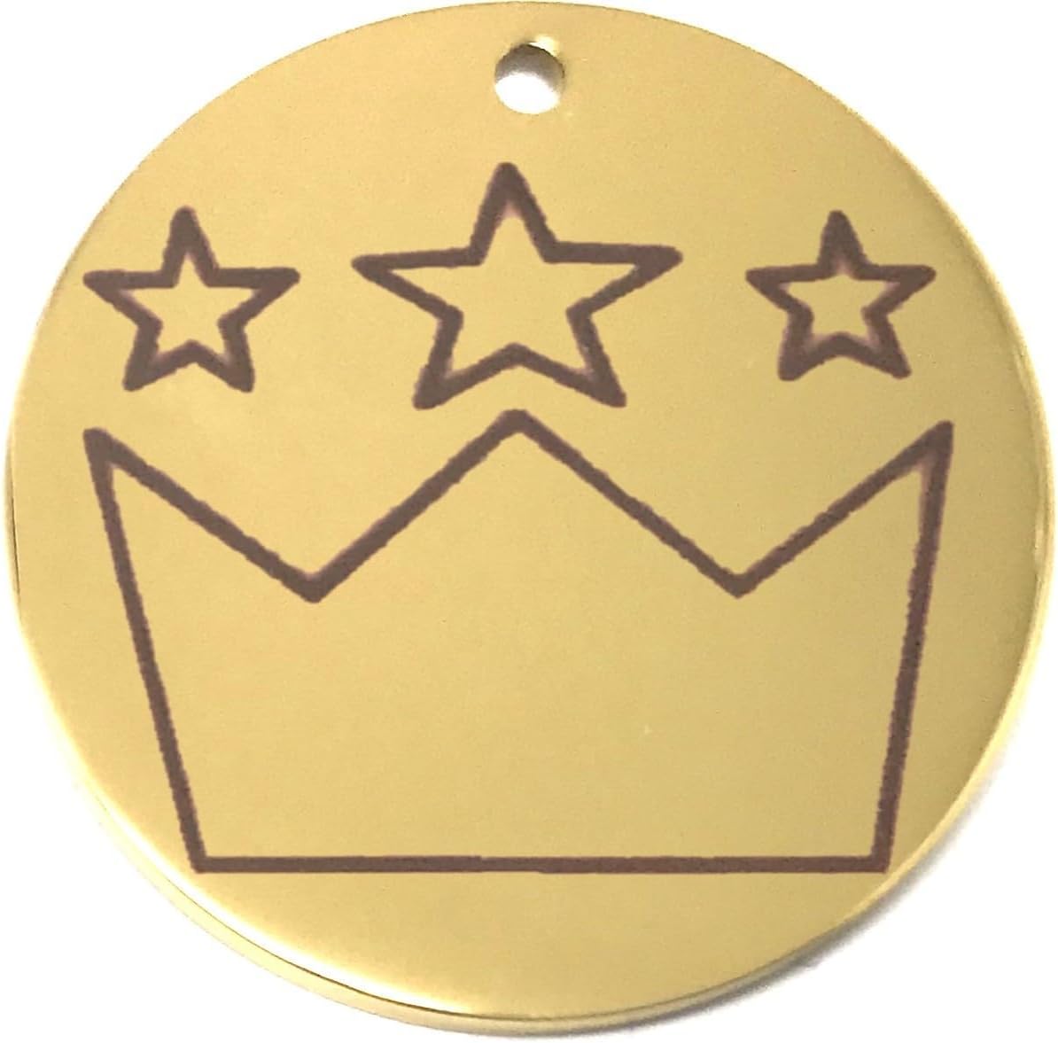 Gold pet tag with a crown and star design on a white background