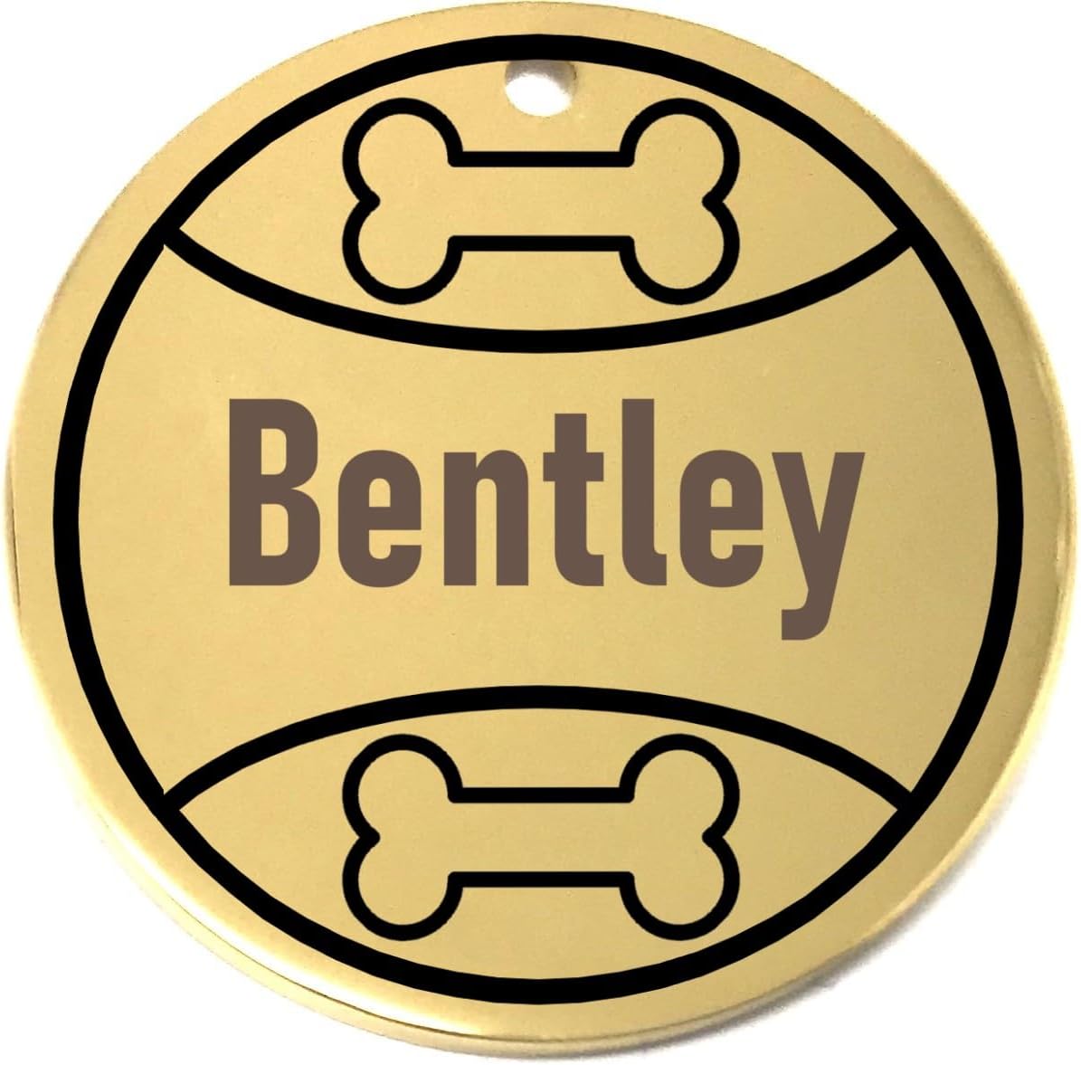 Gold dog tag with 'Bentley' engraved and two bones on a white background