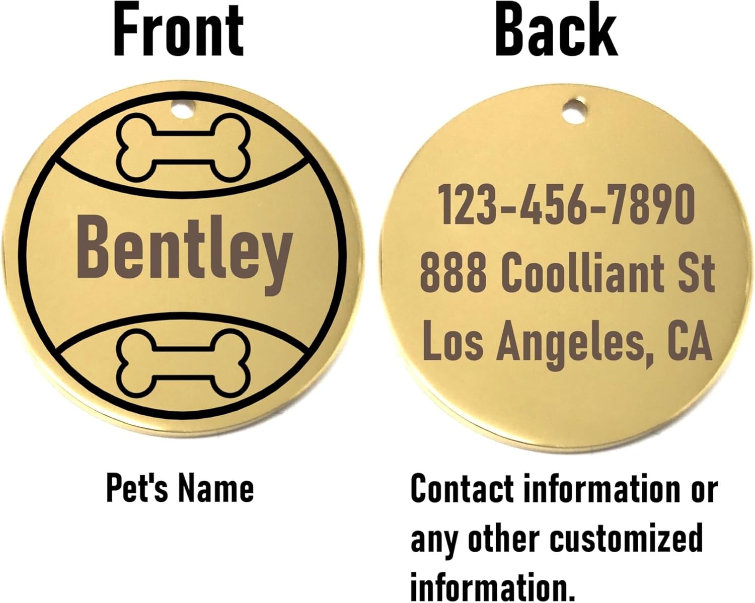 Gold pet tag with 'Bentley' on one side and contact information on the other, on a white background.