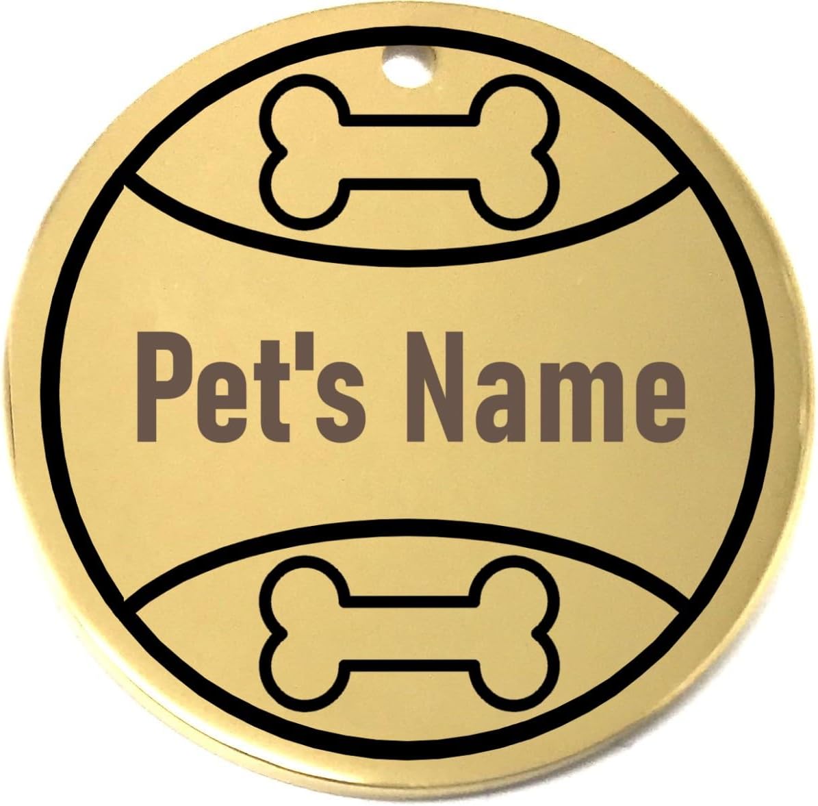 Gold pet name tag with 'Pet's Name' text and play ball designs on a white background