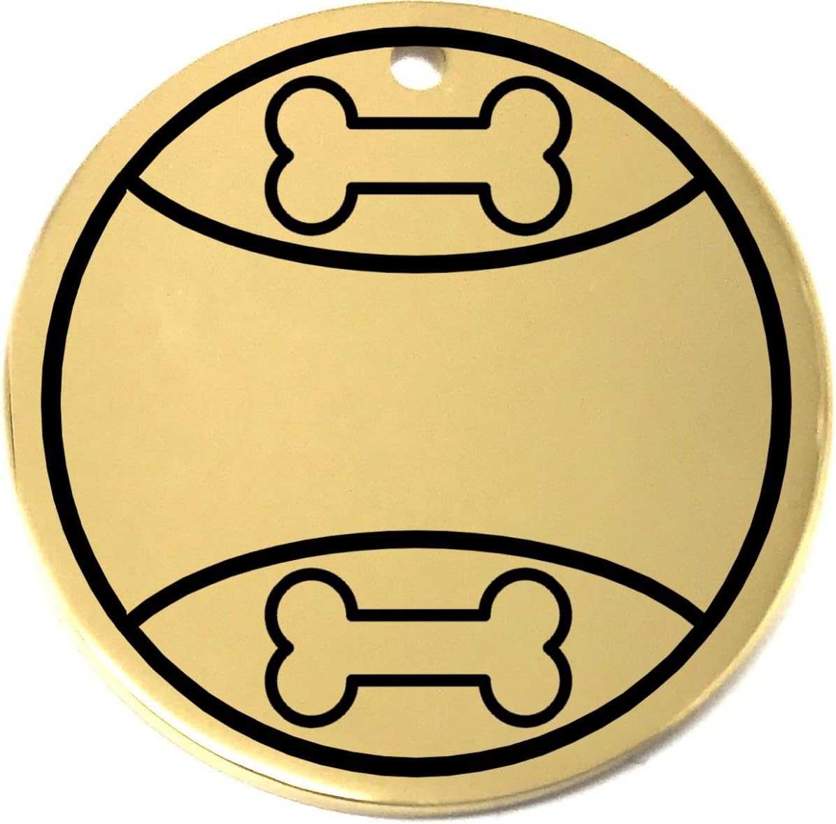 Gold dog tag with black bone and play ball designs on a white background