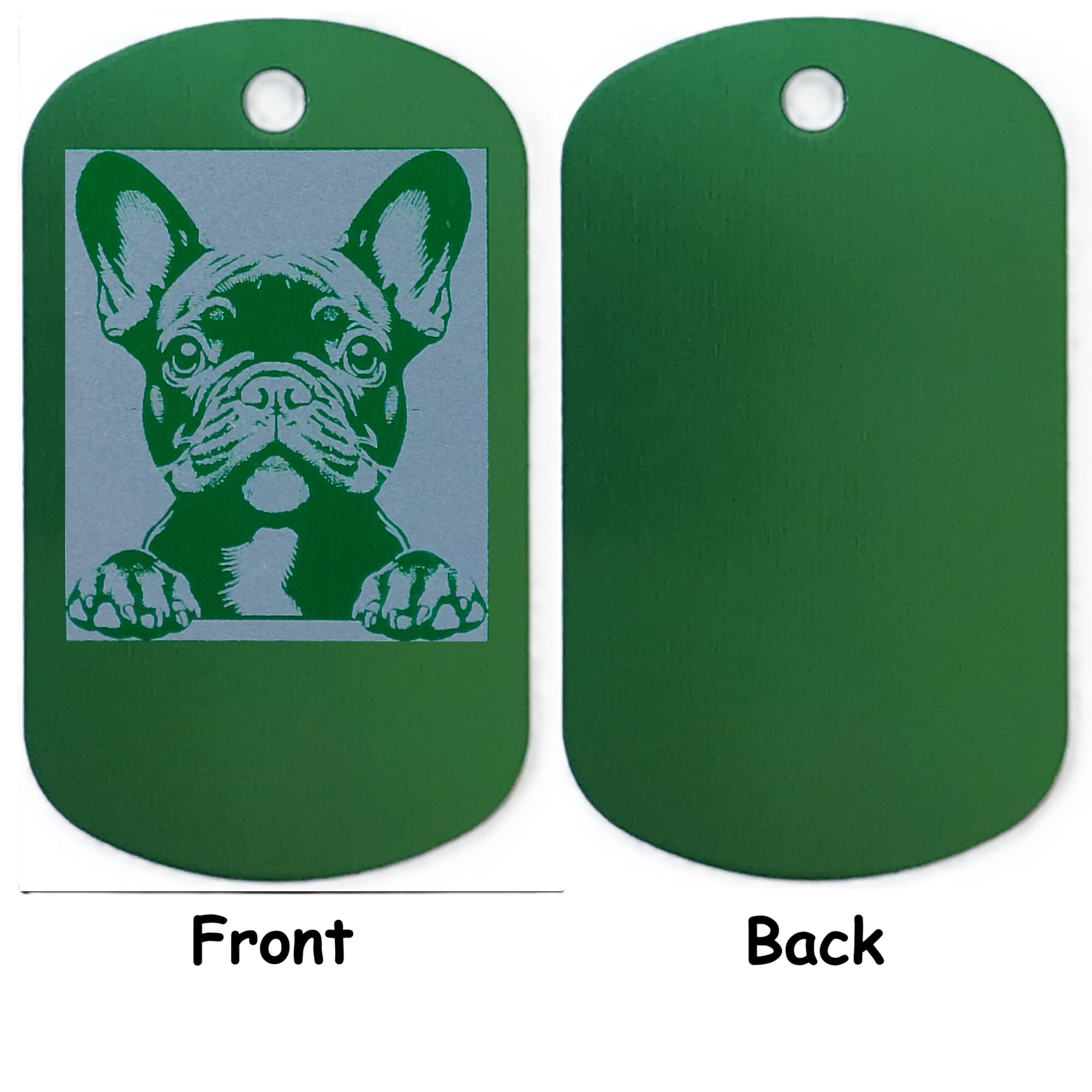 Green dog tag with a French Bulldog design on the front, shown from both sides.