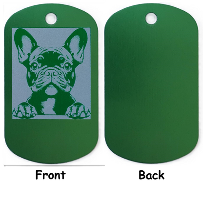 Green dog tag with a French Bulldog design on the front, shown from both sides.