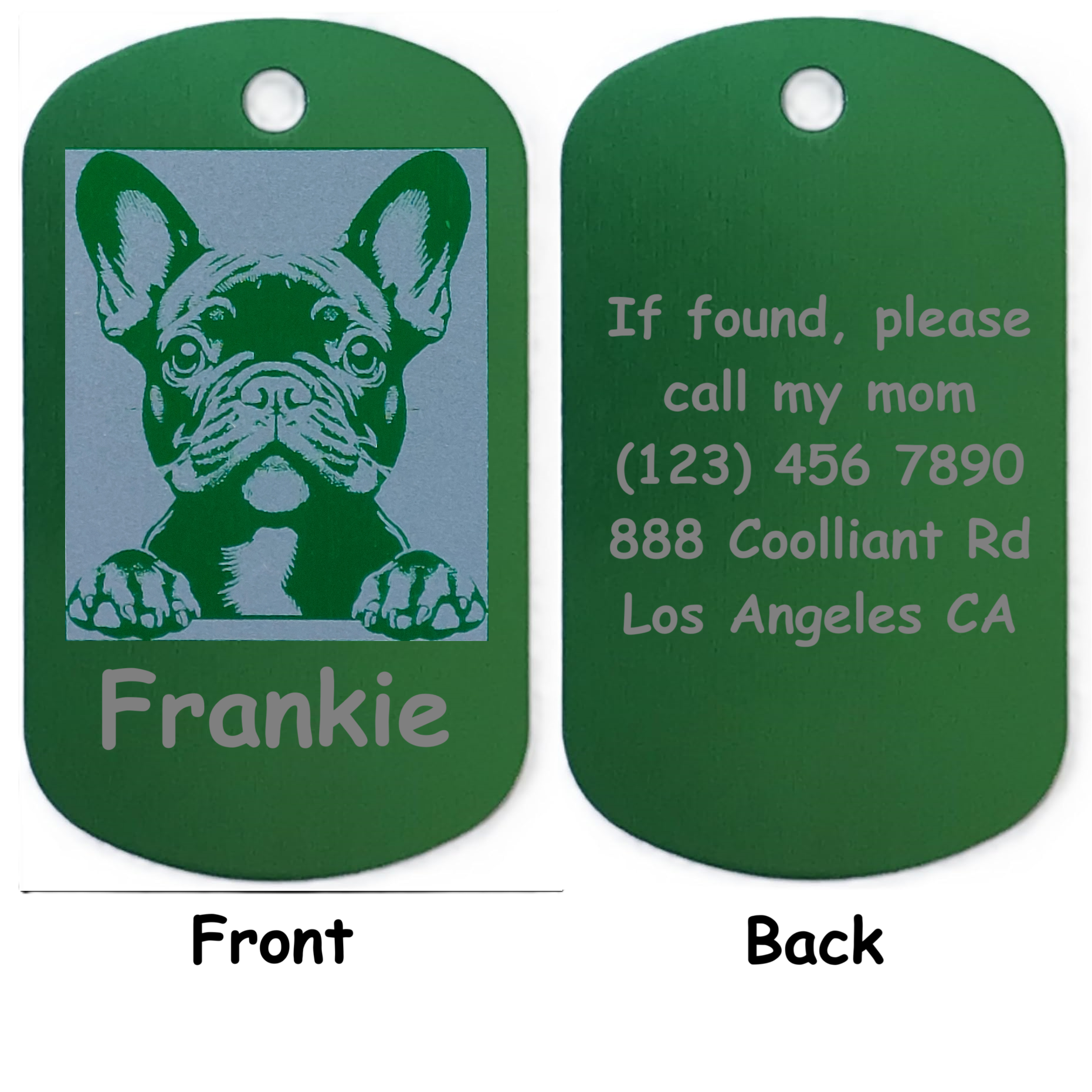Green pet tag with a dog illustration and contact information on a white background