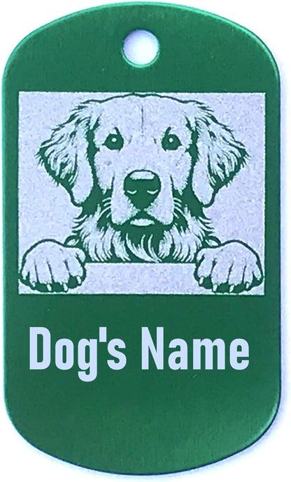 Green military style dog name tag with a printed image of a dog and space for 'Dog's Name'.