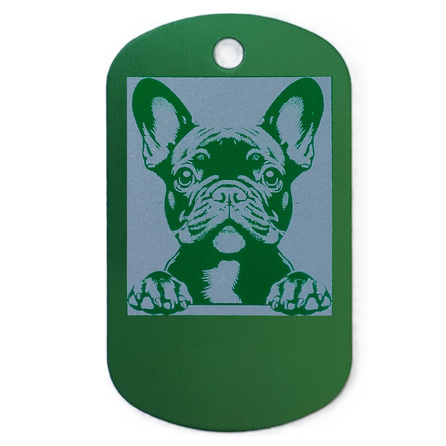 Green dog id tag with a printed image of a dog on a white background