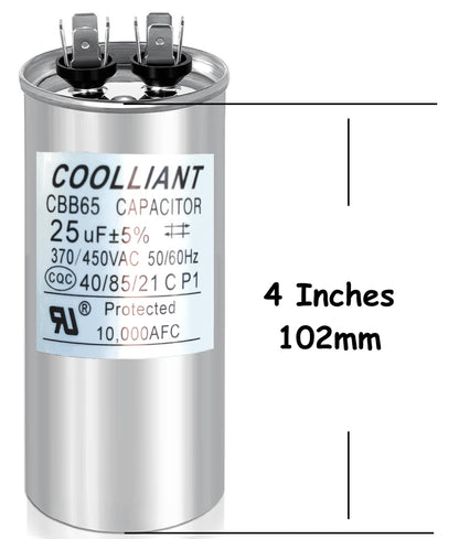 Round HVAC 25(uF/MFD) Motor Run/Start AC Capacitor - 370/440VAC/450VAC Air Conditioner Unit Capacitor(CBB65) for A/C Condenser and Compressor