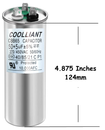 HVAC 50+5(uF/MFD) Dual Run/Start AC Capacitors - 370/440VAC/450VAC Air Conditioner Round Capacitor(CBB65B) for A/C Condenser Fan Motor and Compressor Unit