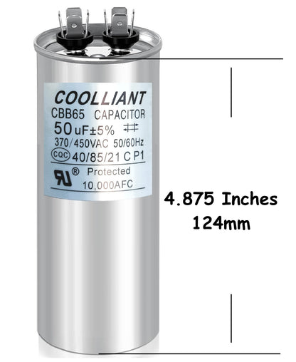 Round HVAC 50(uF/MFD) Motor Run/Start AC Capacitors - 370/440VAC/450VAC Air Conditioner Unit Capacitor(CBB65B) for A/C Condenser and Compressor