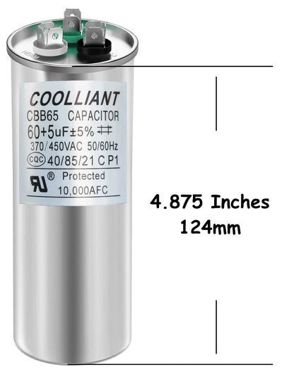 HVAC 60+5(uF/MFD) Dual Run/Start AC Capacitors - 370/440VAC/450VAC Air Conditioner Round Capacitor(CBB65B) for A/C Condenser Fan Motor and Compressor Unit
