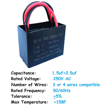 1.5uF+2.5uF (3 or 4 Wires Compatible) 250VAC Start/Run Motor and Fan Capacitor(CBB61) Replacement for New TECH, Ceiling Fan, Range Hood, Water Pump, Washing Machine, and Generator
