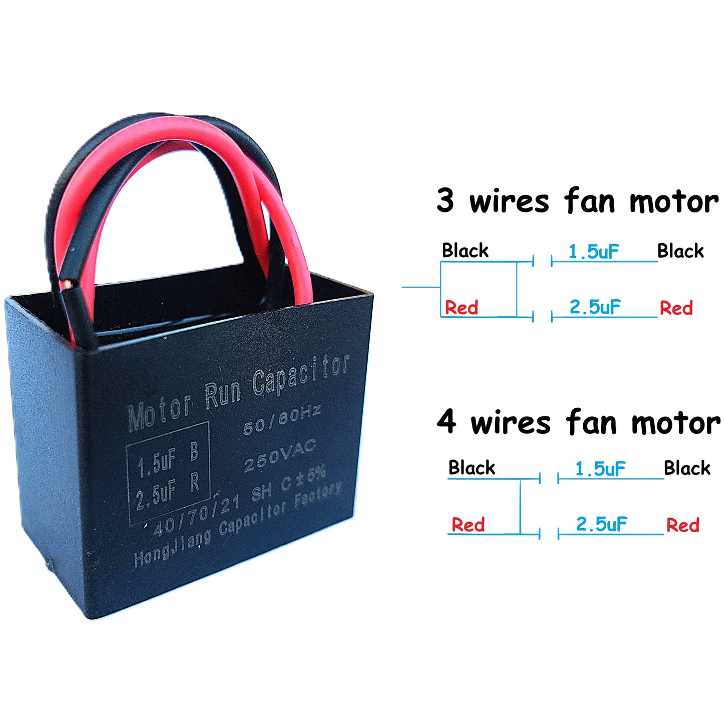 1.5uF+2.5uF (3 or 4 Wires Compatible) 250VAC Start/Run Motor and Fan Capacitor(CBB61) Replacement for New TECH, Ceiling Fan, Range Hood, Water Pump, Washing Machine, and Generator