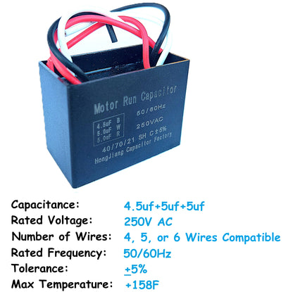 4.5uF+5uF+5uF (4, 5, or 6 Wires Compatible) 250VAC Motor and Fan Capacitor(CBB61) Replacement for Hampton Bay Ceiling Fan, Range Hood, Water Pump, Washing Machine, and Generator