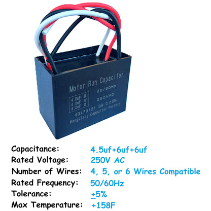 4.5uF+6uF+6uF (4, 5, or 6 Wires Compatible) 250VAC Motor and Fan Capacitor(CBB61) Replacement for New Harbor Breeze Hunter, Ceiling Fan, Range Hood, Water Pump, Washing Machine, and Generator