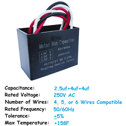 2.5uF+4uF+4uF (4, 5, or 6 Wires Compatible) 250VAC Motor and Fan Capacitor(CBB61) Replacement for Hampton Bay Ceiling Fan, Range Hood, Water Pump, Washing Machine, and Generator