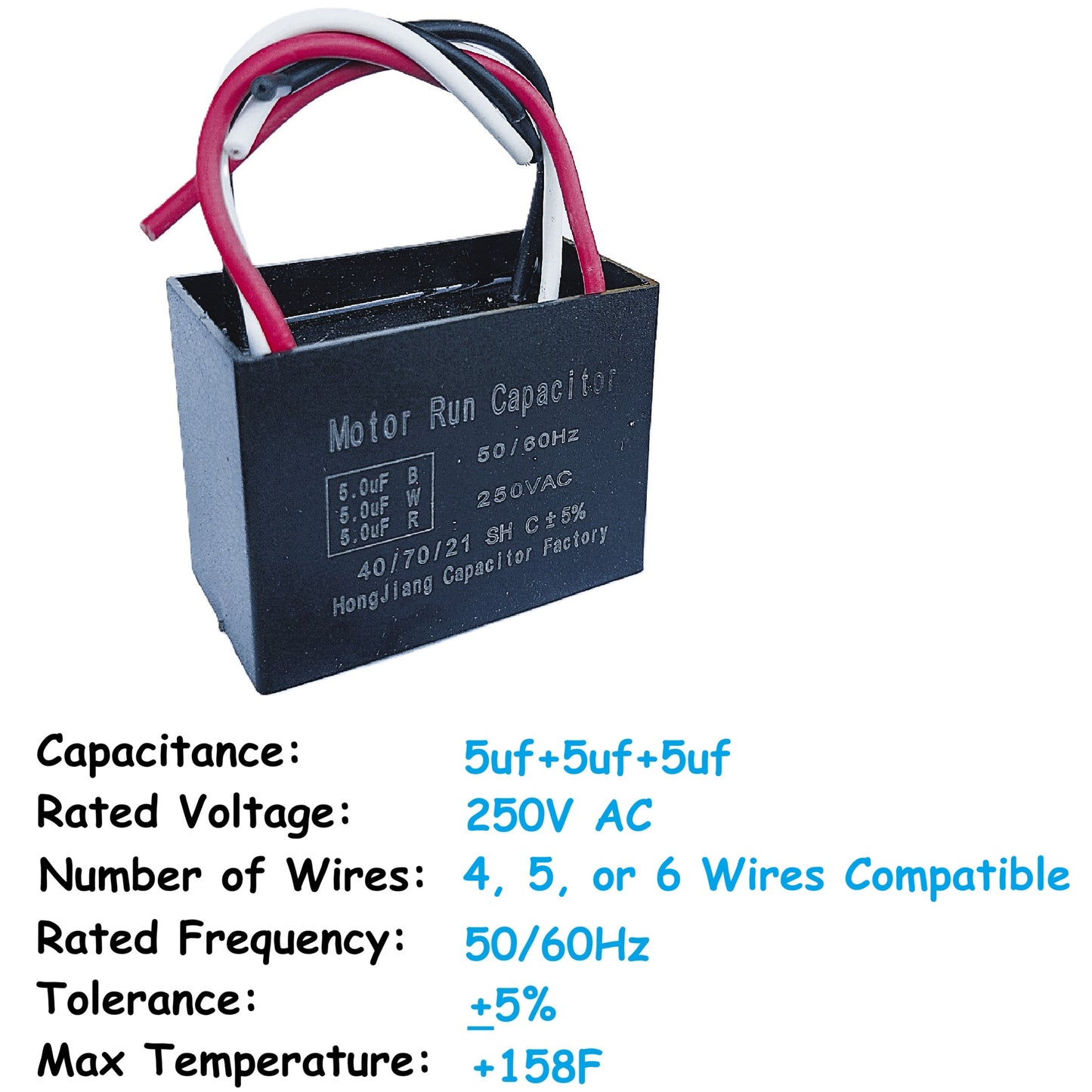 5uF+5uF+5uF (4, 5, or 6 Wires Compatible) 250VAC Motor and Fan Capacitor(CBB61) Replacement for New TECH, Ceiling Fan, Range Hood, Water Pump, Washing Machine, and Generator