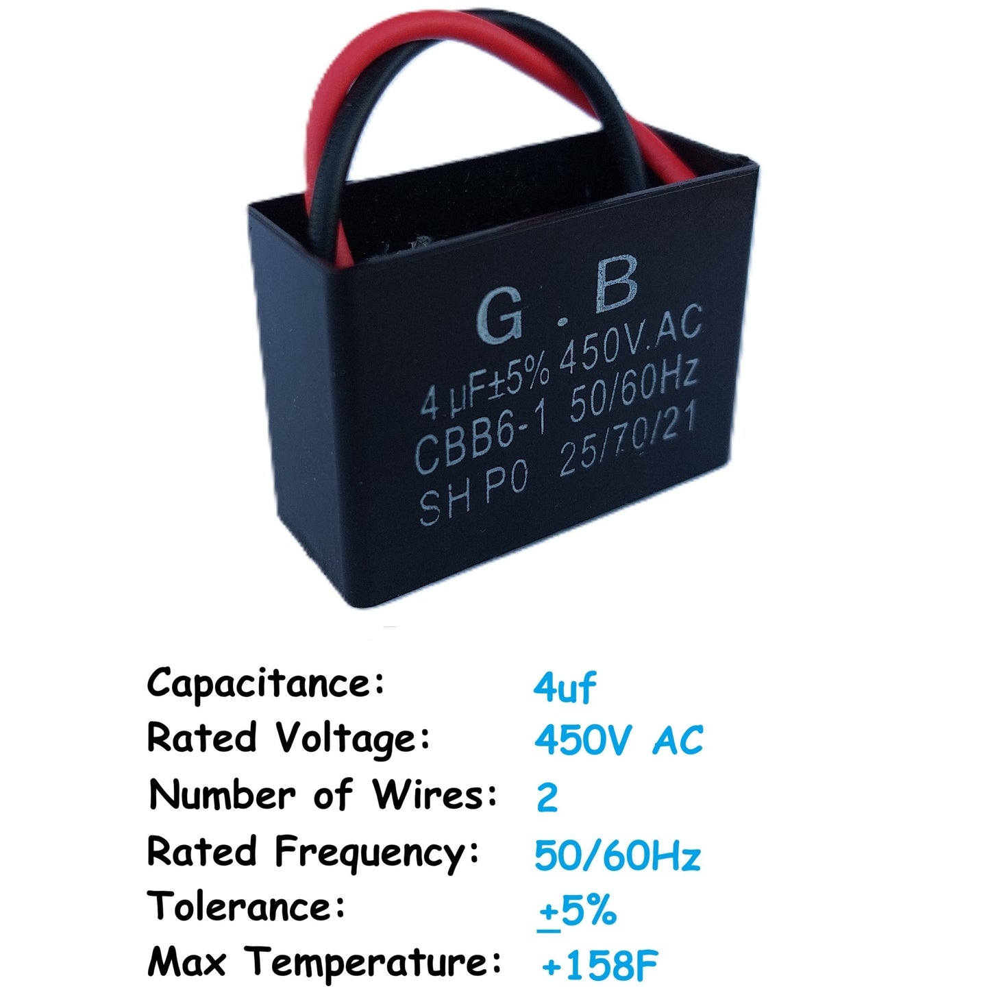 4uF (2 Wires) 450VAC Motor and Ceiling Fan Capacitor(CBB61) Compatible with 400VAC/350VAC/300VAC/250VAC - Electrical Power Relay Connecting Capacitor