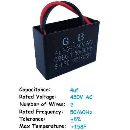 4uF (2 Wires) 450VAC Motor and Ceiling Fan Capacitor(CBB61) Compatible with 400VAC/350VAC/300VAC/250VAC - Electrical Power Relay Connecting Capacitor