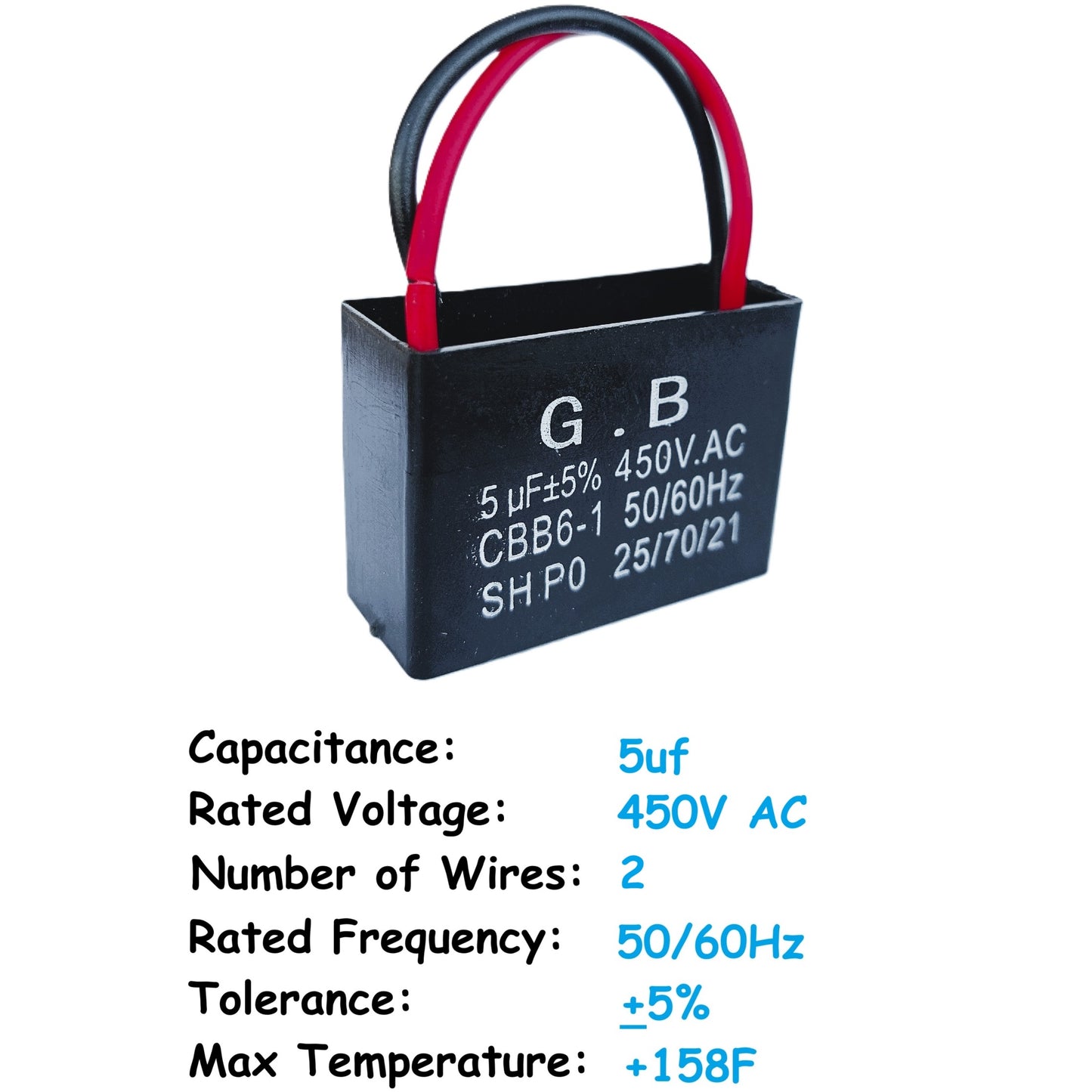 5uF (2 Wires) 450VAC Start/Run Motor and Ceiling Fan Capacitor(CBB61) Compatible with 400VAC/350VAC/300VAC/250VAC - Electrical Power Relay Connecting Capacitor