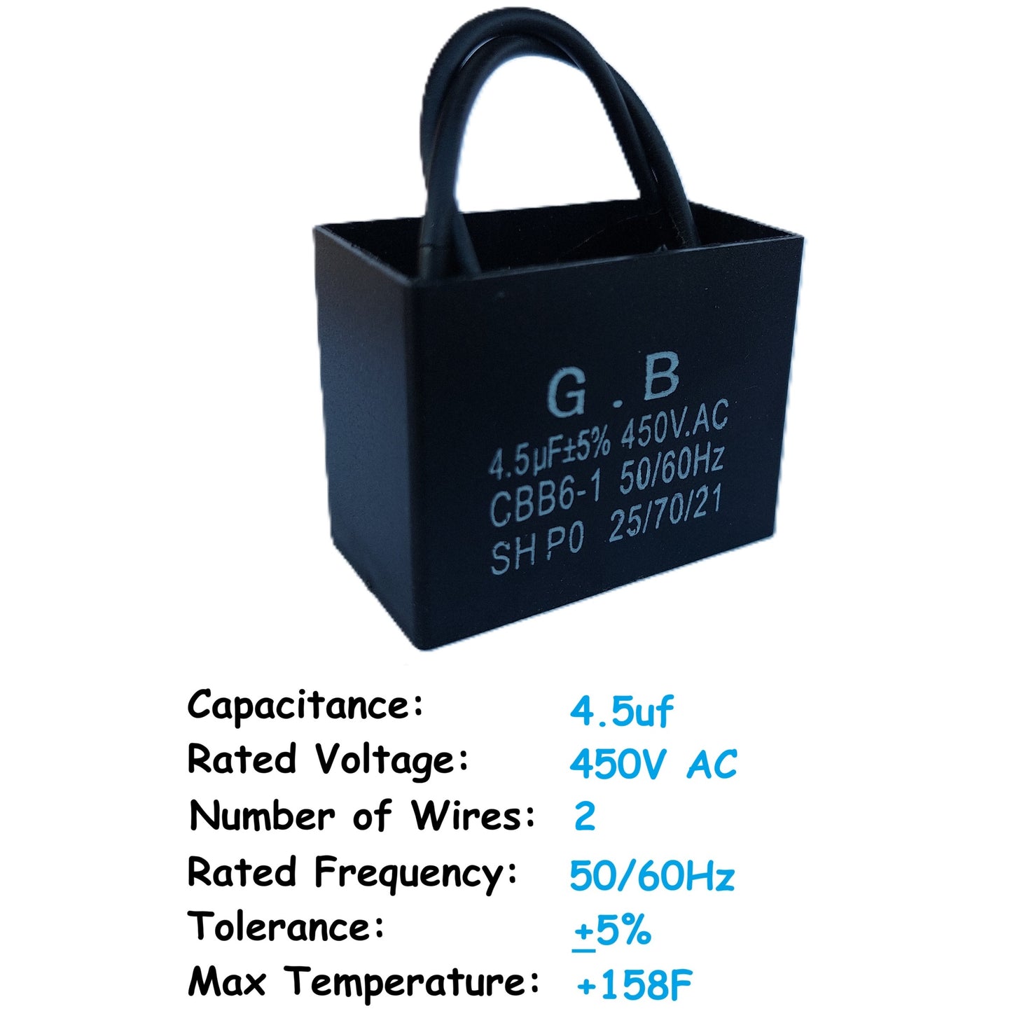 4.5uF (2 Wires) 450VAC Motor and Ceiling Fan Capacitor(CBB61) Compatible with 400VAC/350VAC/300VAC/250VAC - Electrical Power Relay Connecting Capacitor