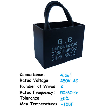 4.5uF (2 Wires) 450VAC Motor and Ceiling Fan Capacitor(CBB61) Compatible with 400VAC/350VAC/300VAC/250VAC - Electrical Power Relay Connecting Capacitor