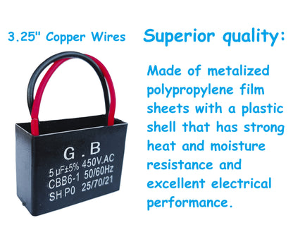 5uF (2 Wires) 450VAC Start/Run Motor and Ceiling Fan Capacitor(CBB61) Compatible with 400VAC/350VAC/300VAC/250VAC - Electrical Power Relay Connecting Capacitor