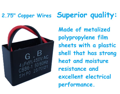 4uF (2 Wires) 450VAC Motor and Ceiling Fan Capacitor(CBB61) Compatible with 400VAC/350VAC/300VAC/250VAC - Electrical Power Relay Connecting Capacitor