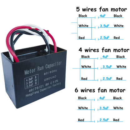 2.5uF+3.5uF+4uF (4, 5, or 6 Wires Compatible) 250VAC Motor and Fan Capacitor(CBB61) Replacement for Harbor Breeze Ceiling Fan, Range Hood, Water Pump, Washing Machine, and Generator