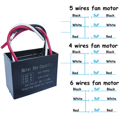5uF+5uF+5uF (4, 5, or 6 Wires Compatible) 250VAC Motor and Fan Capacitor(CBB61) Replacement for New TECH, Ceiling Fan, Range Hood, Water Pump, Washing Machine, and Generator