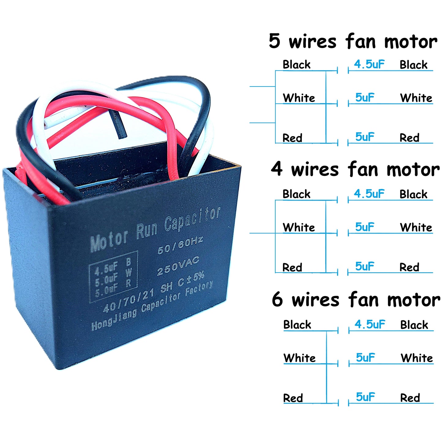 4.5uF+5uF+5uF (4, 5, or 6 Wires Compatible) 250VAC Motor and Fan Capacitor(CBB61) Replacement for Hampton Bay Ceiling Fan, Range Hood, Water Pump, Washing Machine, and Generator