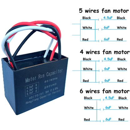 4.5uF+6uF+6uF (4, 5, or 6 Wires Compatible) 250VAC Motor and Fan Capacitor(CBB61) Replacement for New Harbor Breeze Hunter, Ceiling Fan, Range Hood, Water Pump, Washing Machine, and Generator