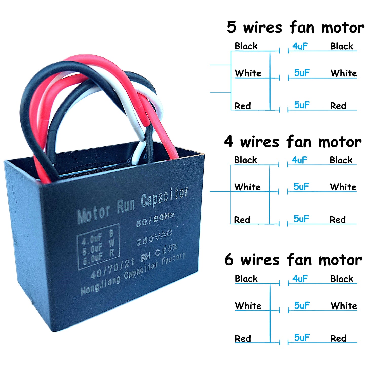 4uF+5uF+5uF (4, 5, or 6 Wires Compatible) 250VAC Motor and Fan Capacitor(CBB61) Replacement for Hampton Bay Ceiling Fan, Range Hood, Water Pump, Washing Machine, and Generator